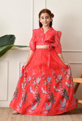 Girls Coral Red Swan Printed Crop Top and Skirt Set