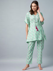 Women's Green & Pink Floral Printed Kaftaan Style  Set