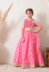 Girls Pretty Pink Embroidered Lehenga Choli Set with Net Dupatta