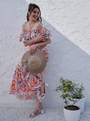 Orange Floral Printed Halter Neck Tiered Gathered Crepe Maxi Midi Dress