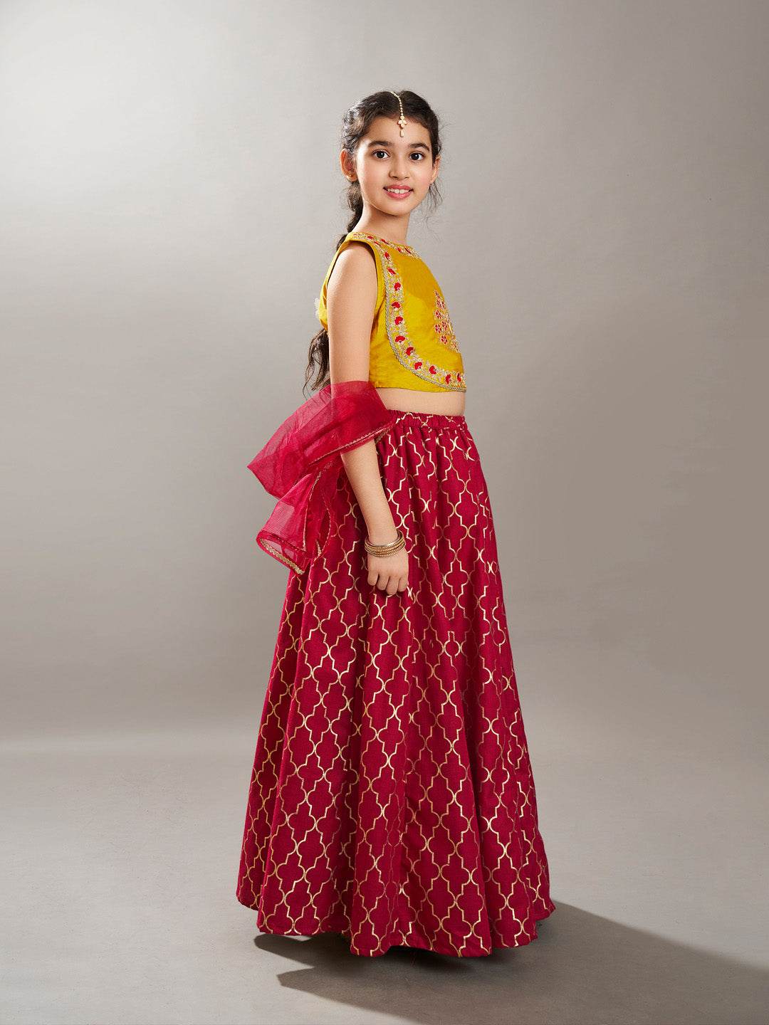 Girls Maroon & Yellow Foil Print with Embroidered yoke Choli, Lehenga with Dupatta