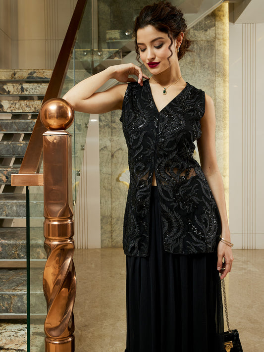 Women Emboridered Sequined Waistscoat & Skirt Co-Ord Set