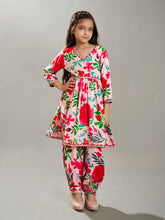 Girls Peach Multi Floral Printed Cotton Kurta with Trousers set