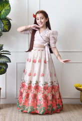 Girls Floral Printed Lehenga Choli Set Cream Wrap Top with Rose Print Skirt