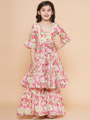 Placement Print Three-Fourth Sleeves Knee length Silk Kurta With Sharara - Cream