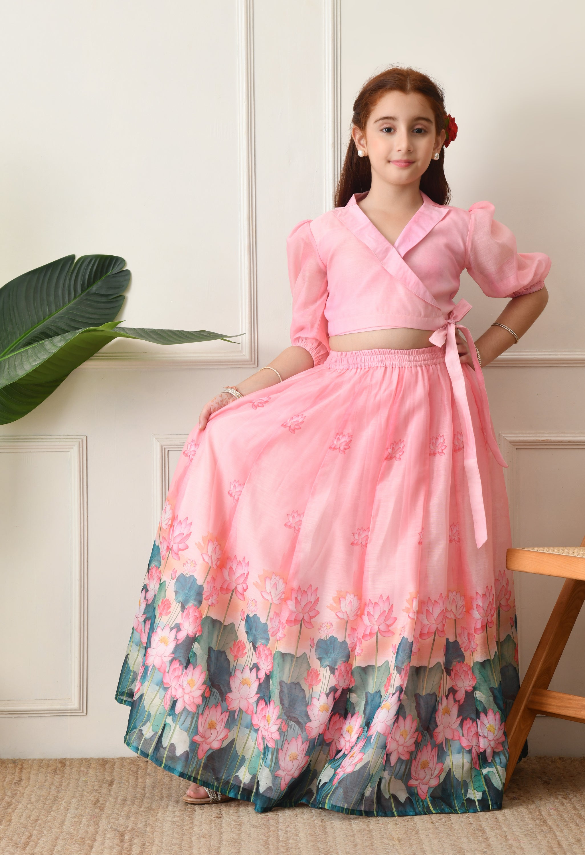 Girls Pink Lotus Print Lehenga Set with Wrap Style Blouse.??