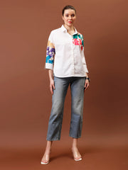 Print Applique Cotton Shirt Style Top