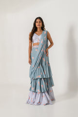 Aqua Blue & Slate Grey Ruffle Saree