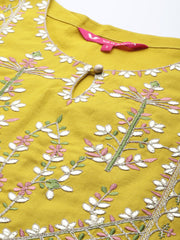 Women Yellow Yoke Design Kurta with Trousers and Dupatta Set