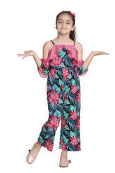 Girls Floral Jumpsuit with Pink Off Shoulder ruffle