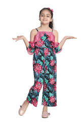 Girls Floral Jumpsuit with Pink Off Shoulder ruffle