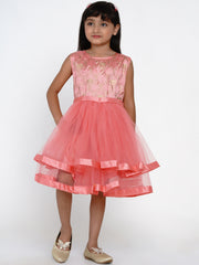 Silk Woven Sleeveless Foli Print Flared Frock - Peach