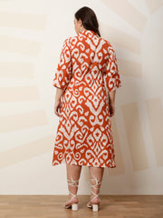 Women Printed Shirt Collar A-Line Midi Dress