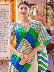 ساري نسائي من حرير بهجالبوري مطبوع باللون الكريمي بتصميم أنيق مع قطعة بلوزة