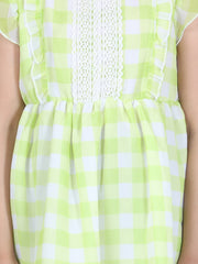 Girls Light Green Self Detail Dress with Lace Inserts
