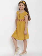 Cotton Blend Woven Half Sleeves Embroidered Flared Frock - Mustard