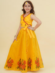 Girls Yellow Embroidered Choli & Yellow Digital Flower Print Ready to Wear Lehenga