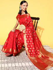 Women's Silk Blend Red WovenDesign CelebritySaree With Blouse Piece