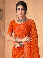 Women's Chiffon Orange Embellished DesignerSaree With Blouse Piece