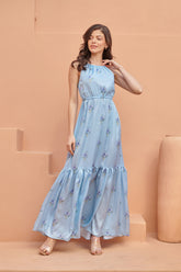 Light Blue Tiered Fit Satin Maxi Dress