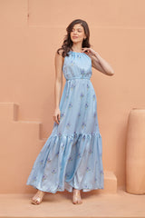 Light Blue Tiered Fit Satin Maxi Dress