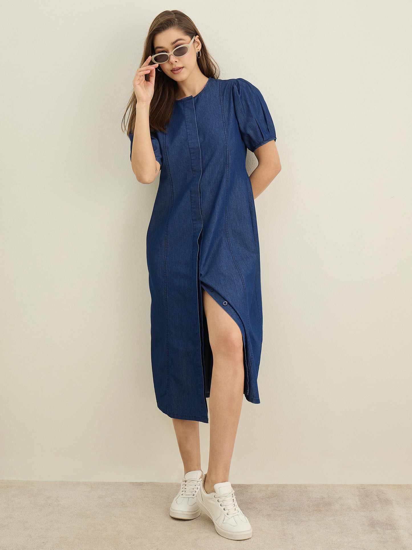StyleStone Women's Denim Dress with Puff Sleeves