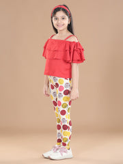Girls Cotton Floral Printed Jegging and Red Top Set