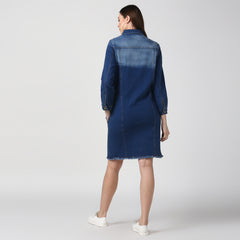 Women's Navy Blue Long Overcoat Style Denim Jacket with Washed effect