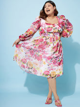 Plus Size Floral Print Puff Sleeve Chiffon Fit & Flare Midi Dress