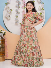 Girls Beige & Red Flower Printededed Ready to wear Lehenga & choli