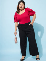 Plus Size Women Mid-Rise Plain Smart Parallel Wide Leg Trousers