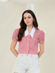 Women's Red Check Shirt with Pointed White Collar