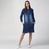 Women's Navy Blue Long Overcoat Style Denim Jacket with Washed effect