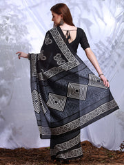 ساري نسائي أسود مطبوع من حرير بهجالبوري مع قطعة بلوزة