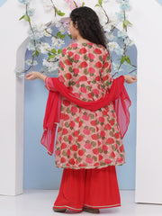 Girls Red Floral Printed Angrakha Kurta with Sharara with dupatta