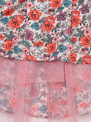 Girls Black Floral Dress with Net Inset and Hi Lo Hemline