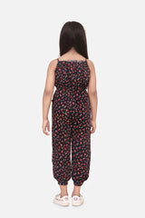 Girls Red and Black Printed Rayon Jumpsuit