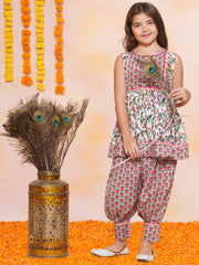 Girls Off white Printed Short Kurta with Afgani Salwar