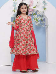 Girls Red Floral Printed Angrakha Kurta with Sharara with dupatta