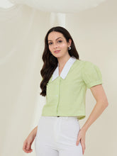 Women's Lime Green Check Shirt with Pointed White Collar