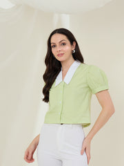 Women's Lime Green Check Shirt with Pointed White Collar