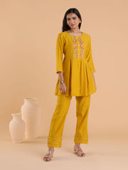Women Yellow Embroidered A-Line Co-Ord Set