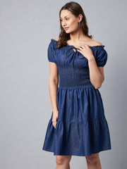 Women's Peasant Style Smocked Waist Denim Dress