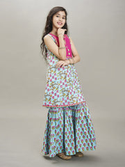 Girls Blue Floral Printed Kurta With Sharara