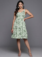 Varanga Women Green & White Printed V-Neck Tiered Dress With Flared Hem