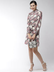 Women's Polyester Lavender Belt Print Manderin Collar Dress with belt