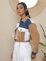 Women's Brown Denim Crop Jacket with Color Blocking patchwork detail