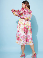 Plus Size Floral Print Puff Sleeve Chiffon Fit & Flare Midi Dress
