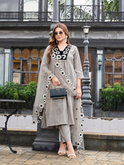 Steel Grey color silk blend thread & sequence work on neck A line kurta & trouser with dupatta set