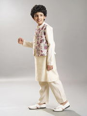 Boys off white kurta pajama with modal booti embroidery jacket